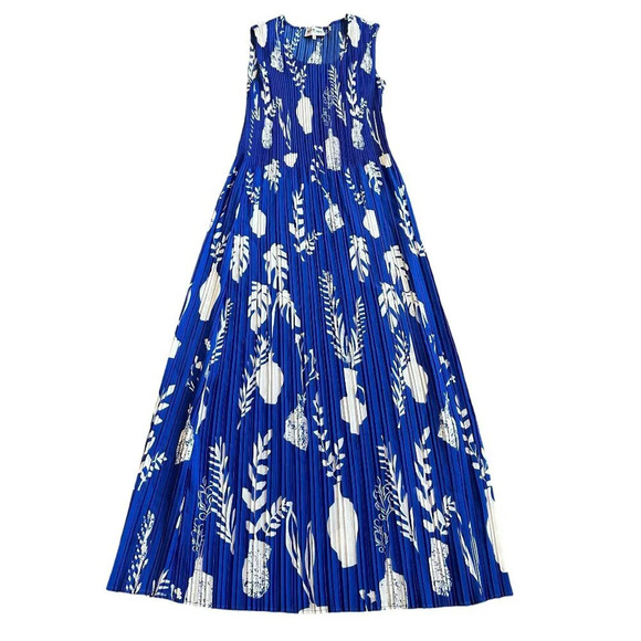 Leo & Ugo Royal Blue Bold Print Midi Dress Sleeveless Stretch Pleated Size Small - Picture 1 of 11